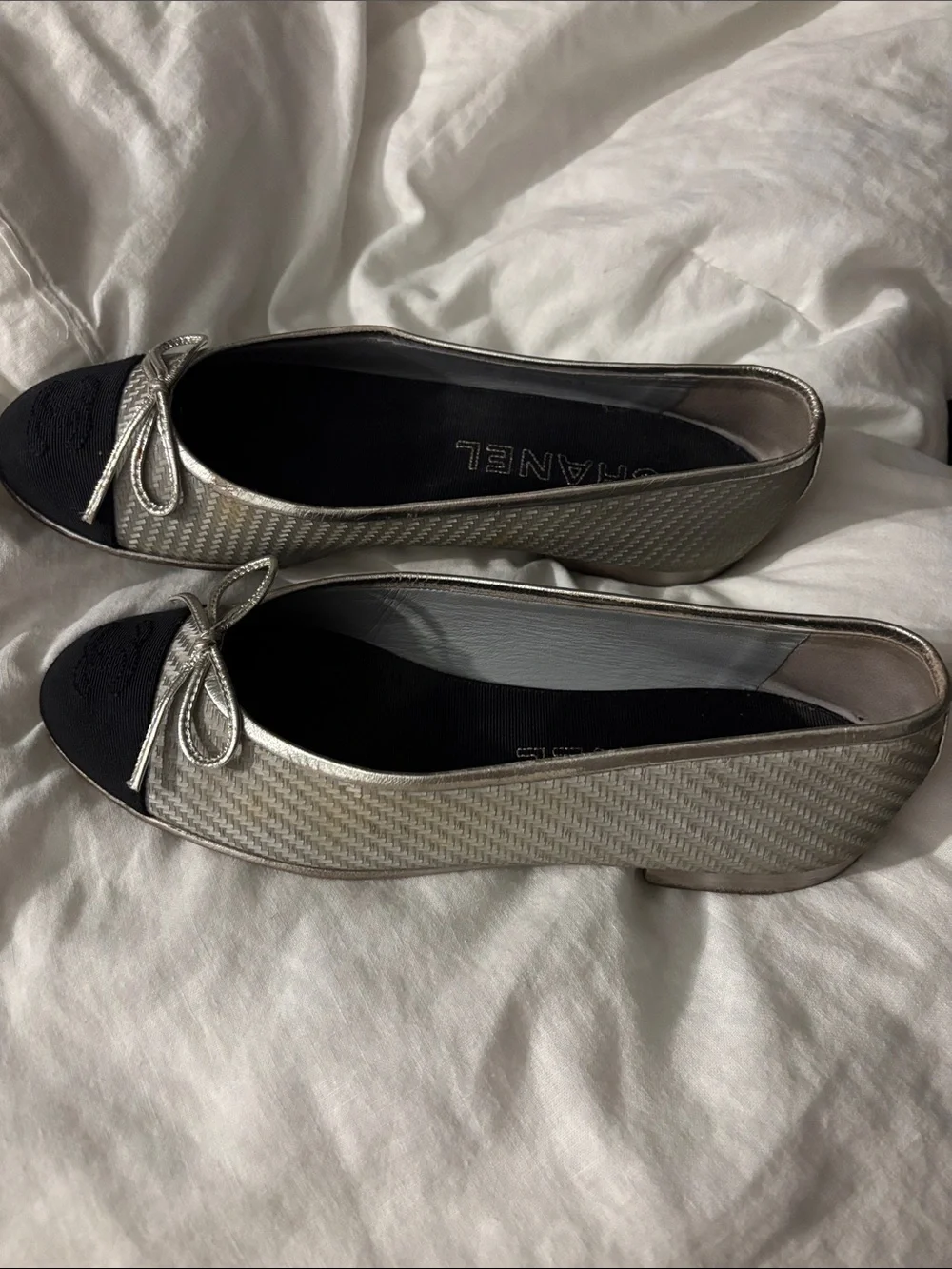 Chanel Silver and Black Ballet Flats